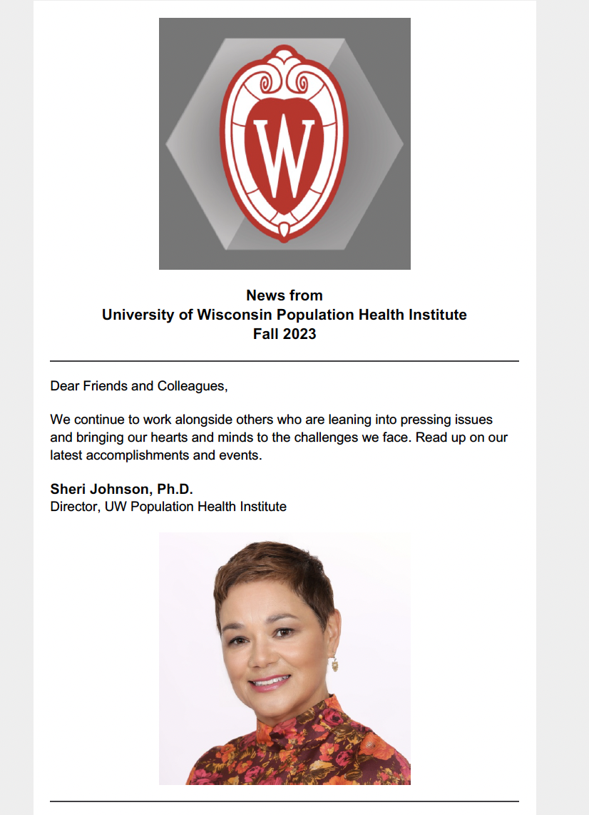 Screenshot of email from Sheri Johnson, PhD and Director of UW Population Health Institute