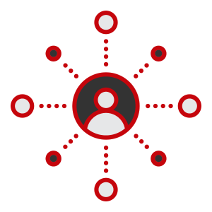 Network illustration showing a person in a circle at the center with 8 dashed lines and circles stemming from the center.