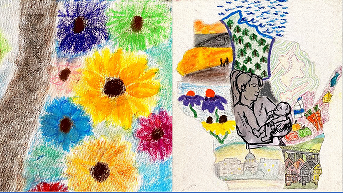 Illustrations from the cover of the Wisconsin State Health Improvement Plan, including drawings of multicolored flowers and an outline of the state of Wisconsin filled in with trees, flowers, the Madison skyline, fruits, vegetables, and dairy products, a person holding a baby and a neighborhood.